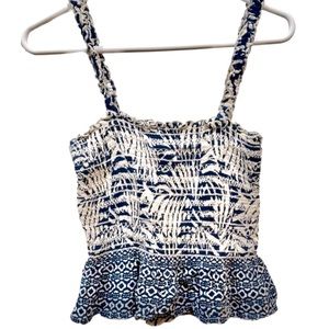 Smocked Strappy Top with Gathered Ruffle Hem - Cream/Bright Cobalt, M